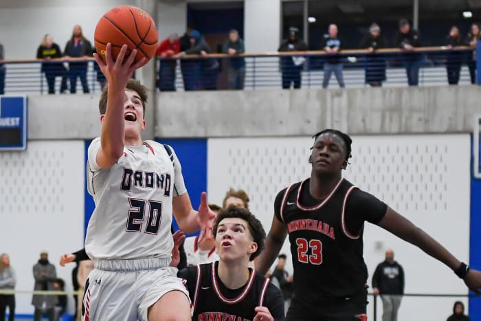 Nolan Groves (20) hit the buzzer beater of a lifetime last week for Orono.